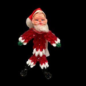 Vintage Handmade 1970s Beaded Plastic Face Santa Claus Christmas Ornament